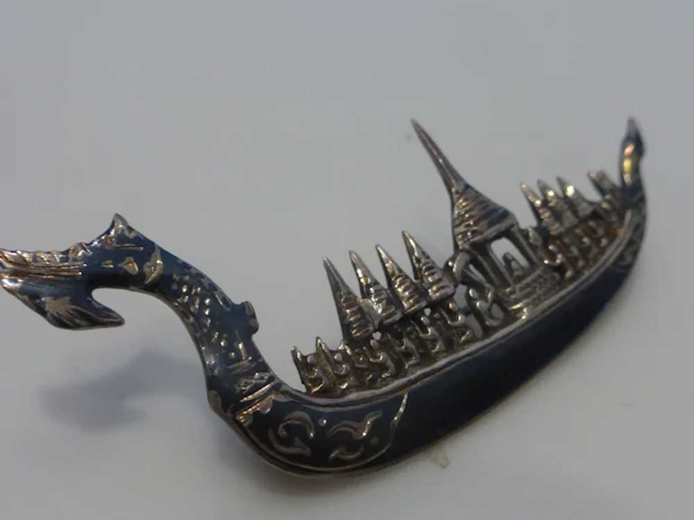 Siam Dragon Boat Barge Pin Niello Sterling Silver… - image 2