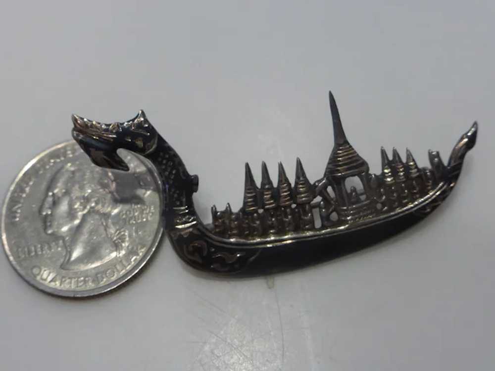 Siam Dragon Boat Barge Pin Niello Sterling Silver… - image 3