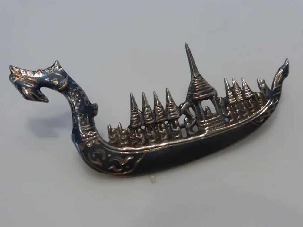 Siam Dragon Boat Barge Pin Niello Sterling Silver… - image 5