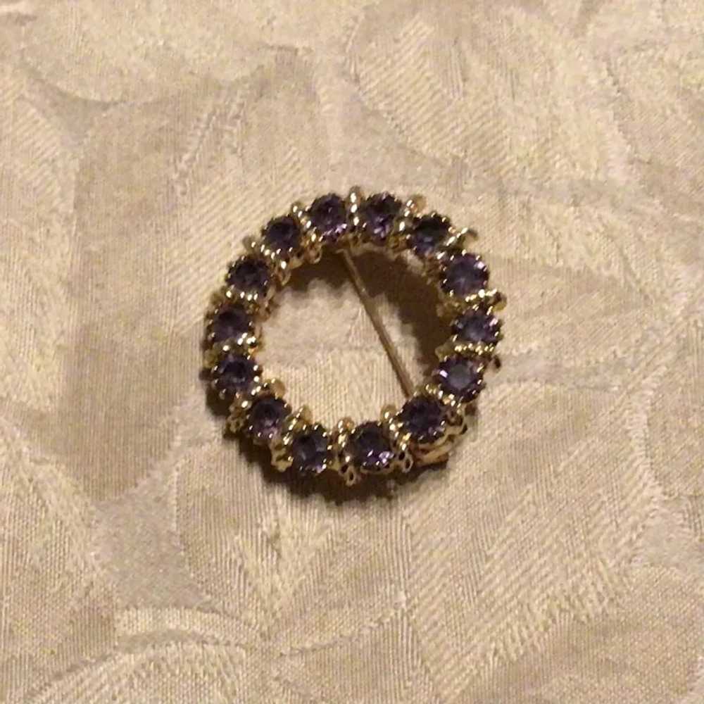 Gold Tone Amethyst Rhinestone Brooch - image 2