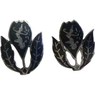 Siam Sterling Black Enameled Niello Clip Earrings - image 1