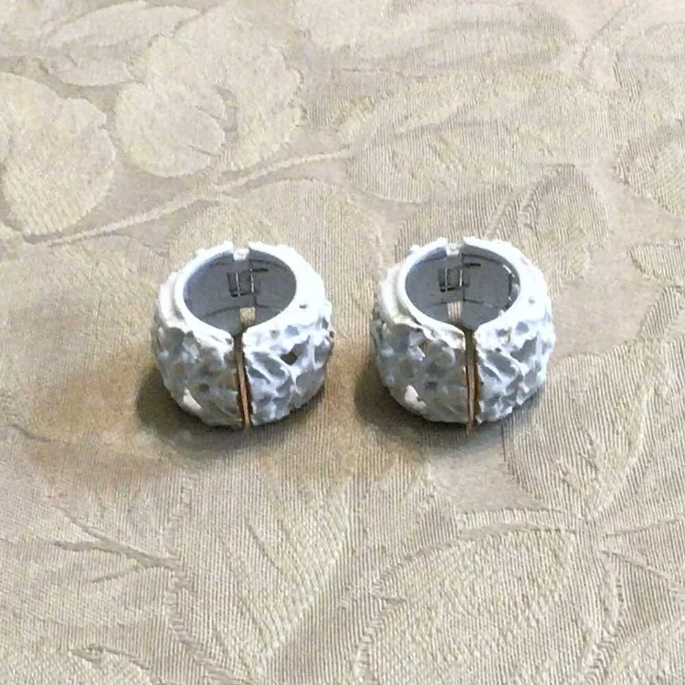 Silver Tone White Enameled Hoop Earrings - image 4