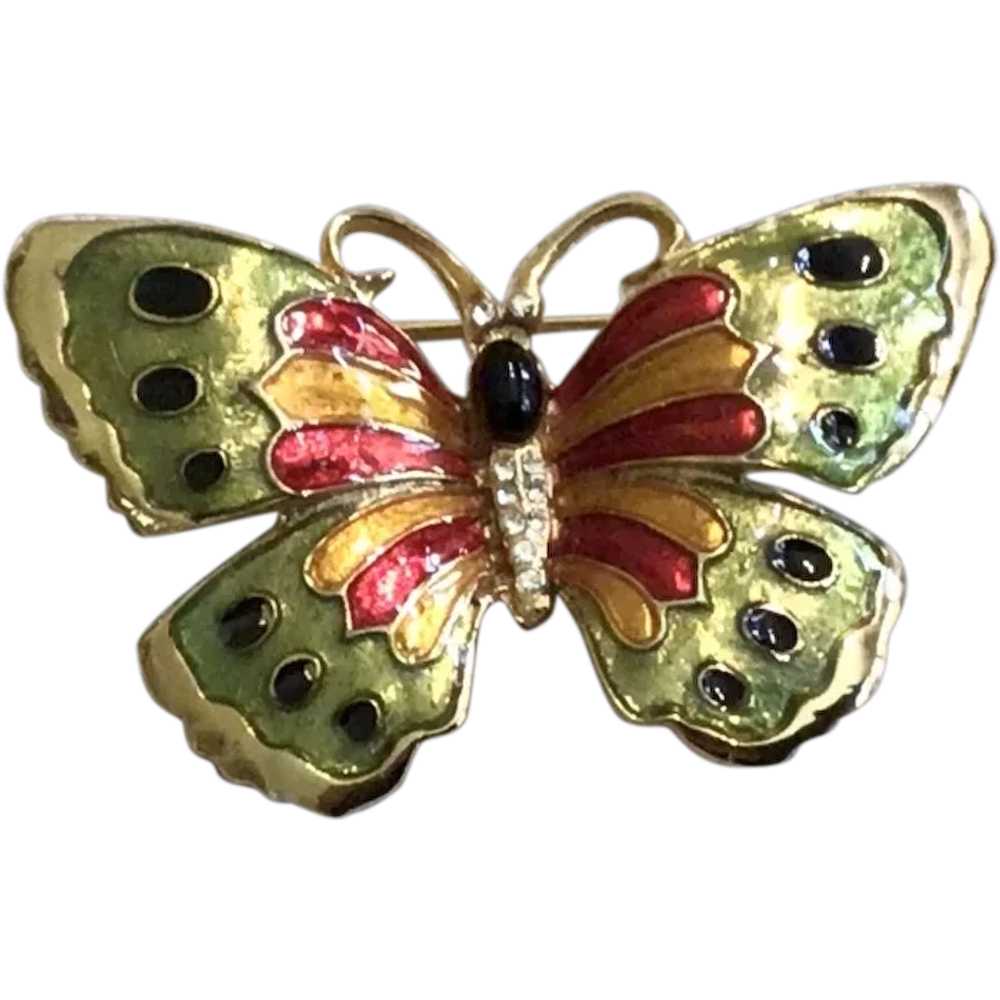 Gold Tone Enameled Clear Rhinestone Butterfly Bro… - image 1