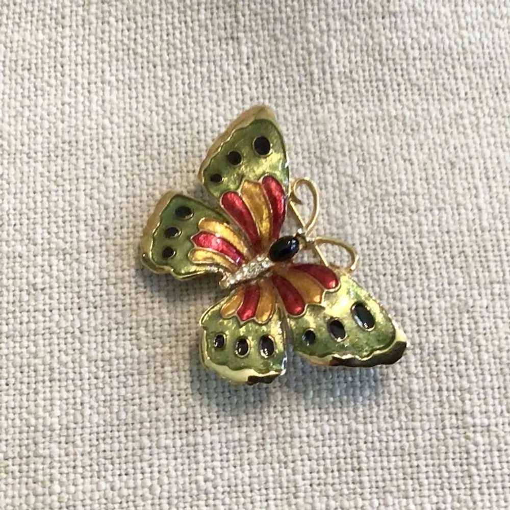 Gold Tone Enameled Clear Rhinestone Butterfly Bro… - image 2