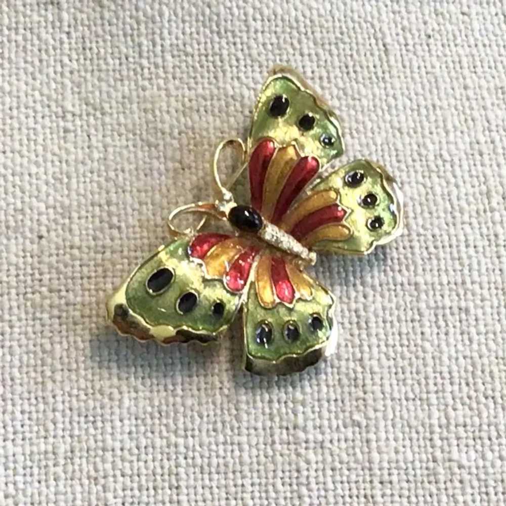 Gold Tone Enameled Clear Rhinestone Butterfly Bro… - image 3