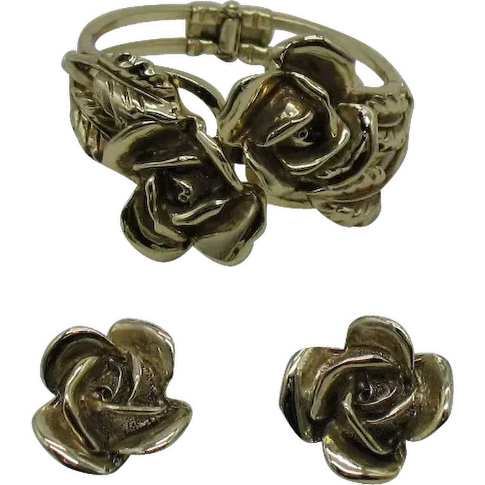 Unusual BOLD Vintage Golden Rose Clamper Bracelet… - image 1
