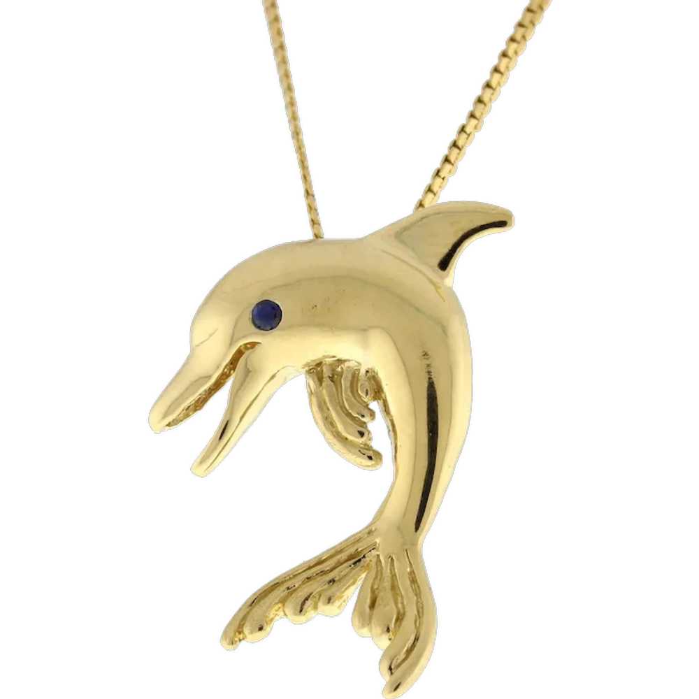 Dolphin Pendant 14K Yellow Gold Blue Sapphire Acc… - image 1