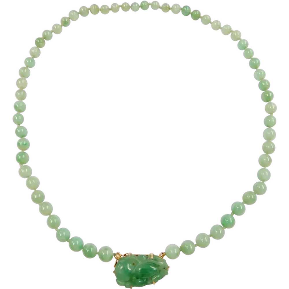 Vintage Green Jade Beaded Necklace with Carving 1… - image 1