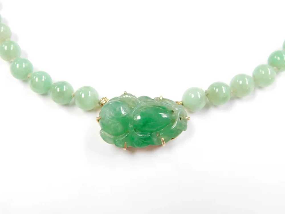 Vintage Green Jade Beaded Necklace with Carving 1… - image 2