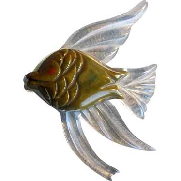 Vintage Carved Lucite and Bakelite Angelfish Pin - image 1