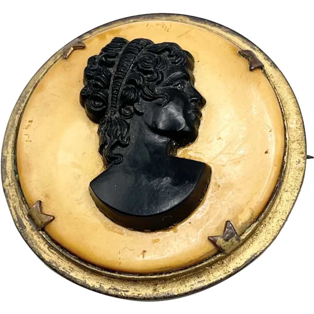 Vintage Black Cameo Celluloid Brooch Pin - image 1