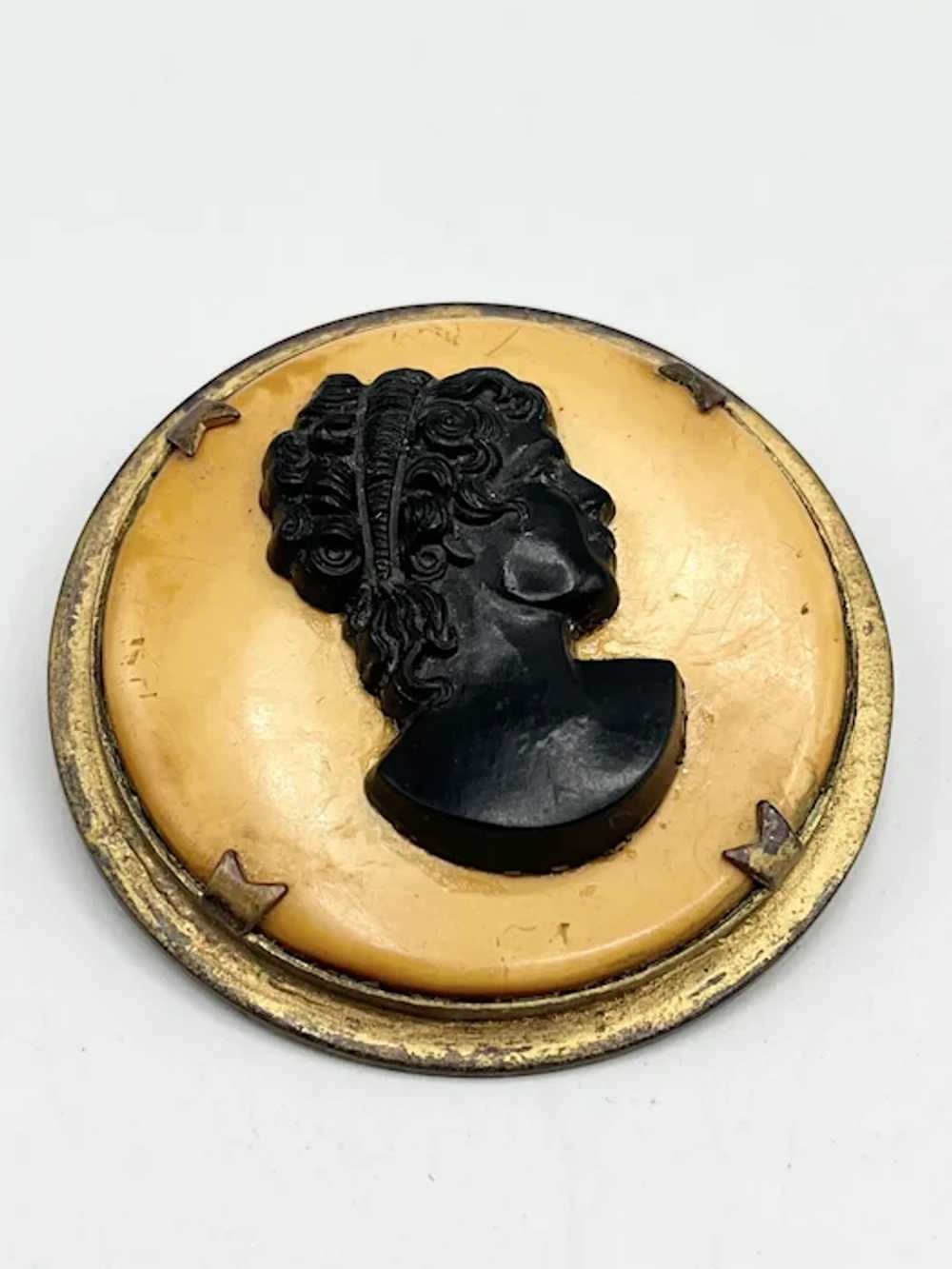 Vintage Black Cameo Celluloid Brooch Pin - image 2