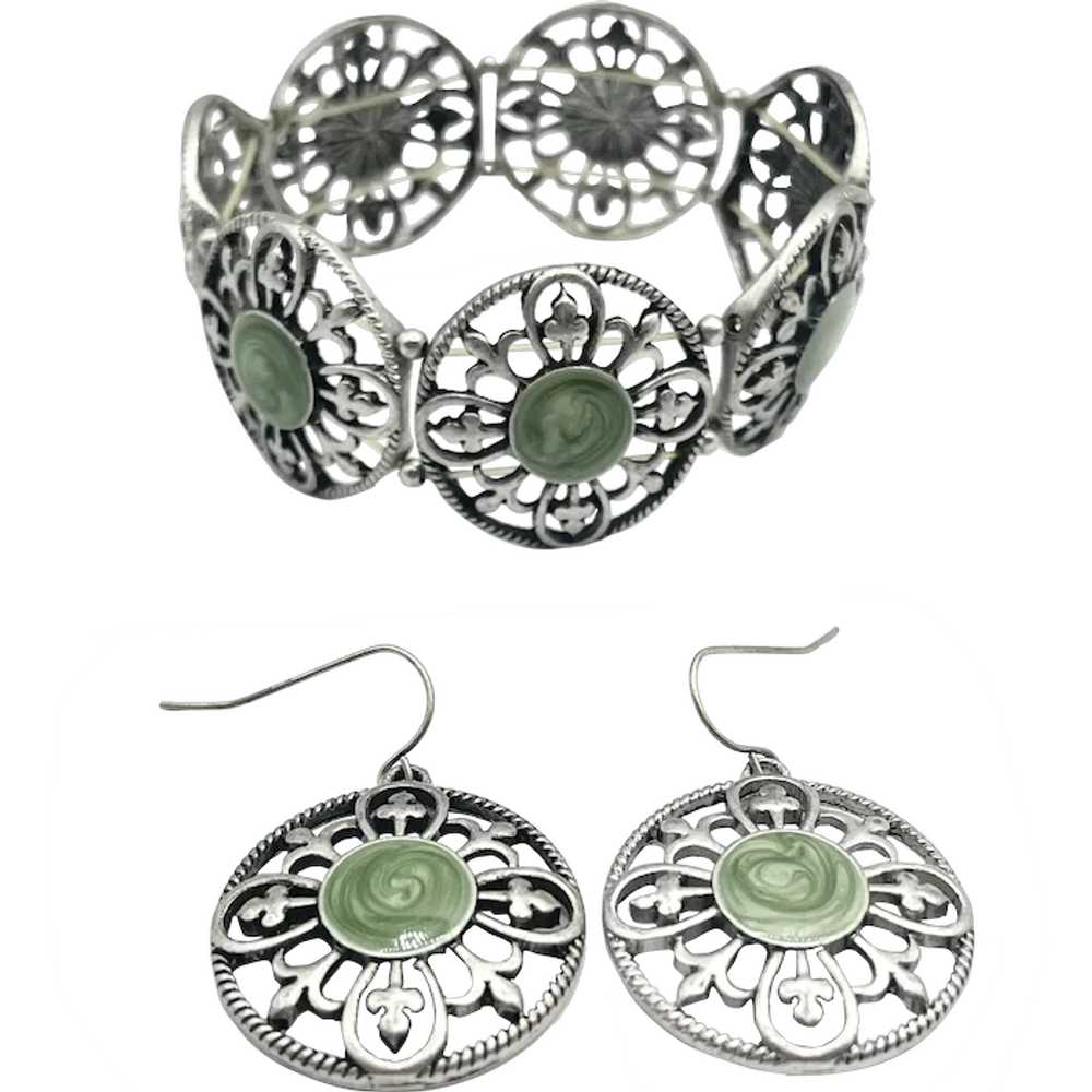 Vintage Green Enamel Bracelet & Earrings Jewelry … - image 1