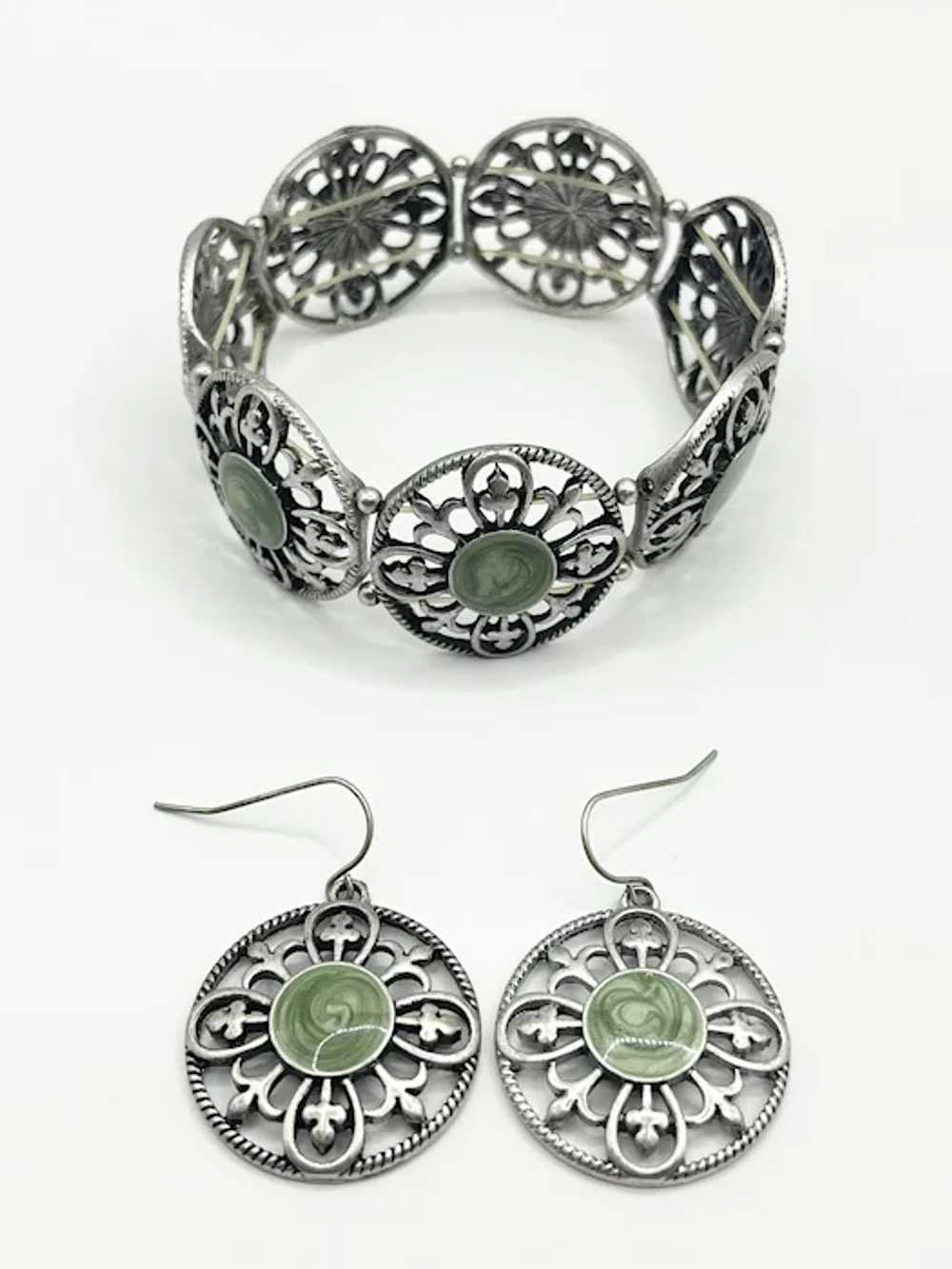 Vintage Green Enamel Bracelet & Earrings Jewelry … - image 2