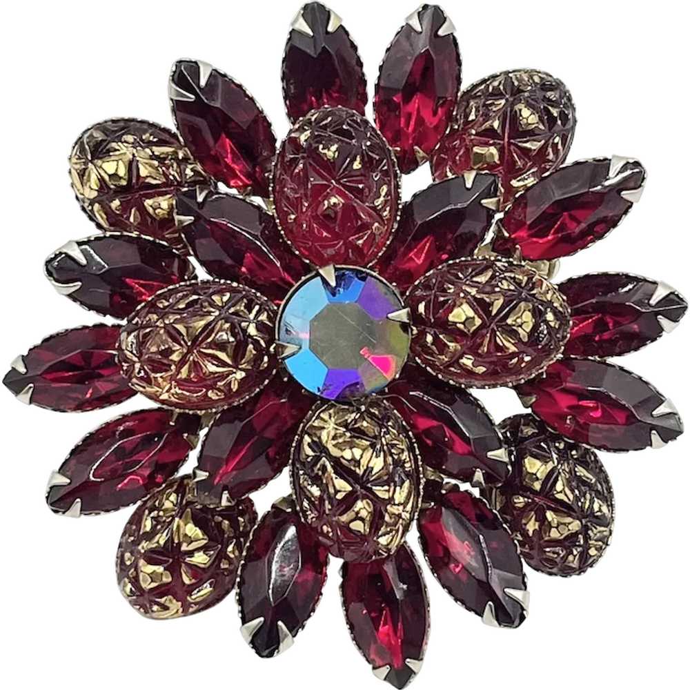 Vintage red rhinestone flower brooch pin - image 1