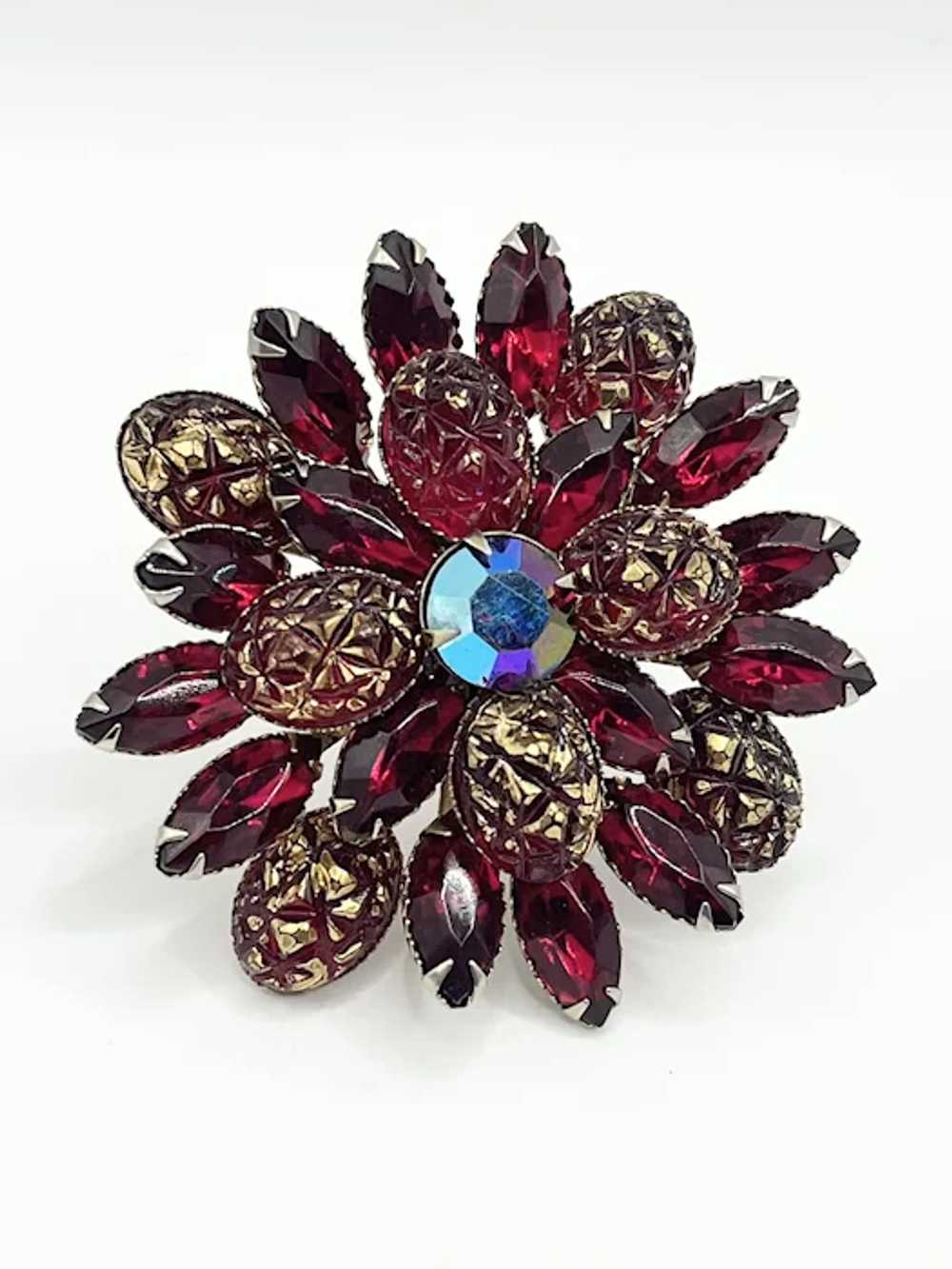 Vintage red rhinestone flower brooch pin - image 2