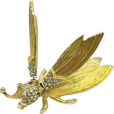 Large Gold Tone Rhinestone Glass Bug Brooch Fly Insect Beetle