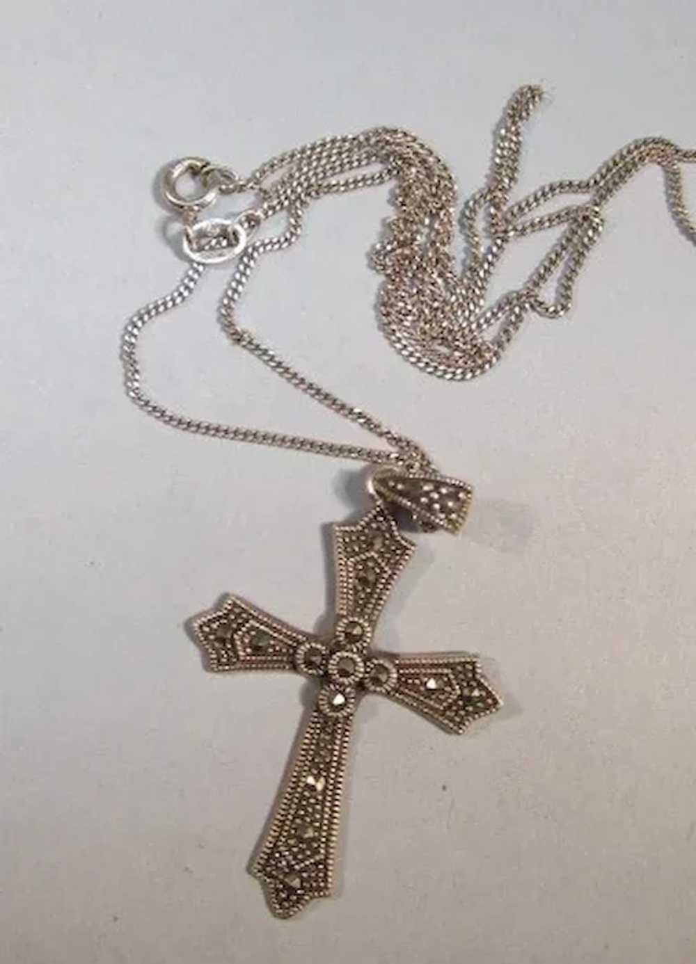 VINTAGE  Sterling and Marcsite Cross and Necklace - image 1