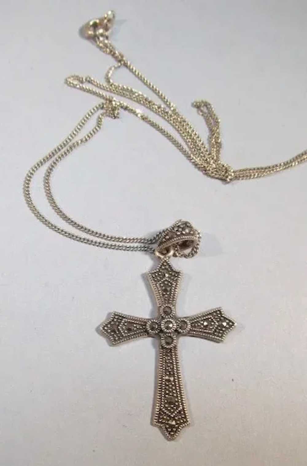 VINTAGE  Sterling and Marcsite Cross and Necklace - image 2