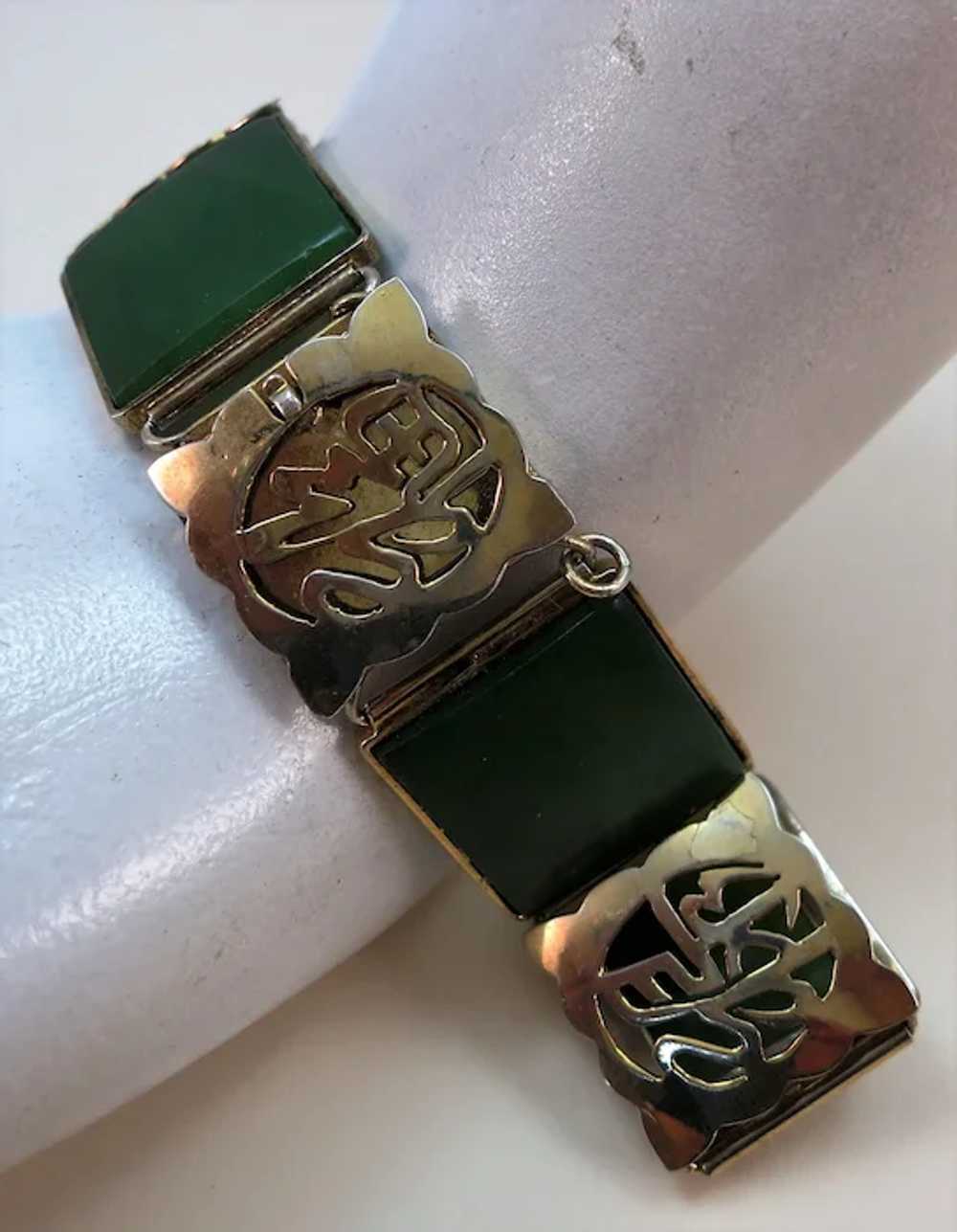 VINTAGE Vermeil Jade-like Link  7 Inch Bracelet V… - image 2