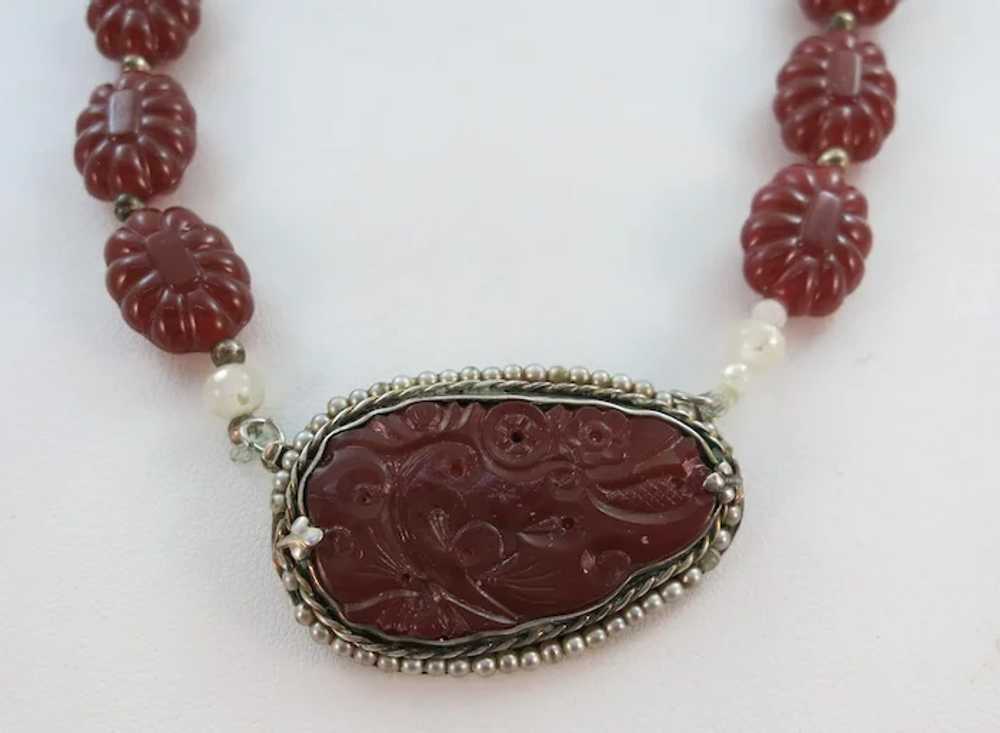 VINTAGE  Hand Carved Carnelian Necklace and Penda… - image 5