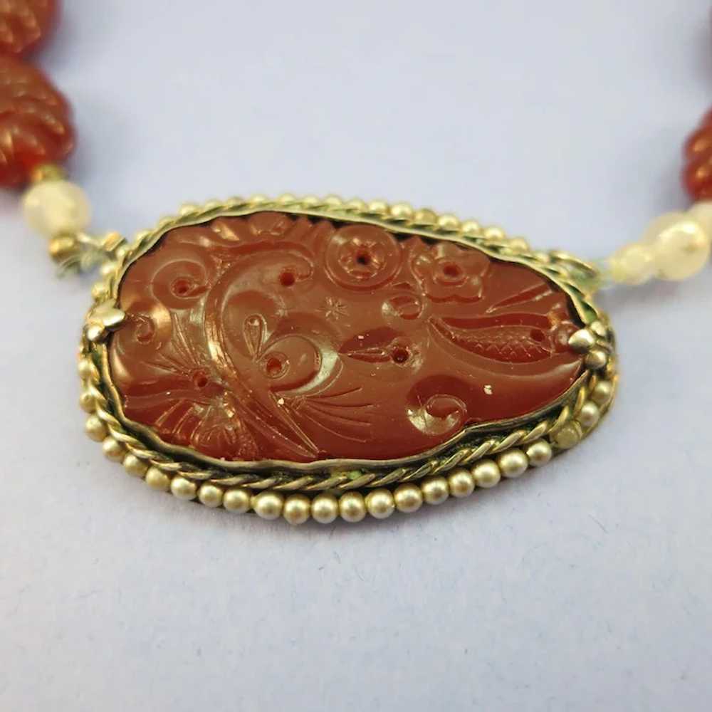 VINTAGE  Hand Carved Carnelian Necklace and Penda… - image 6