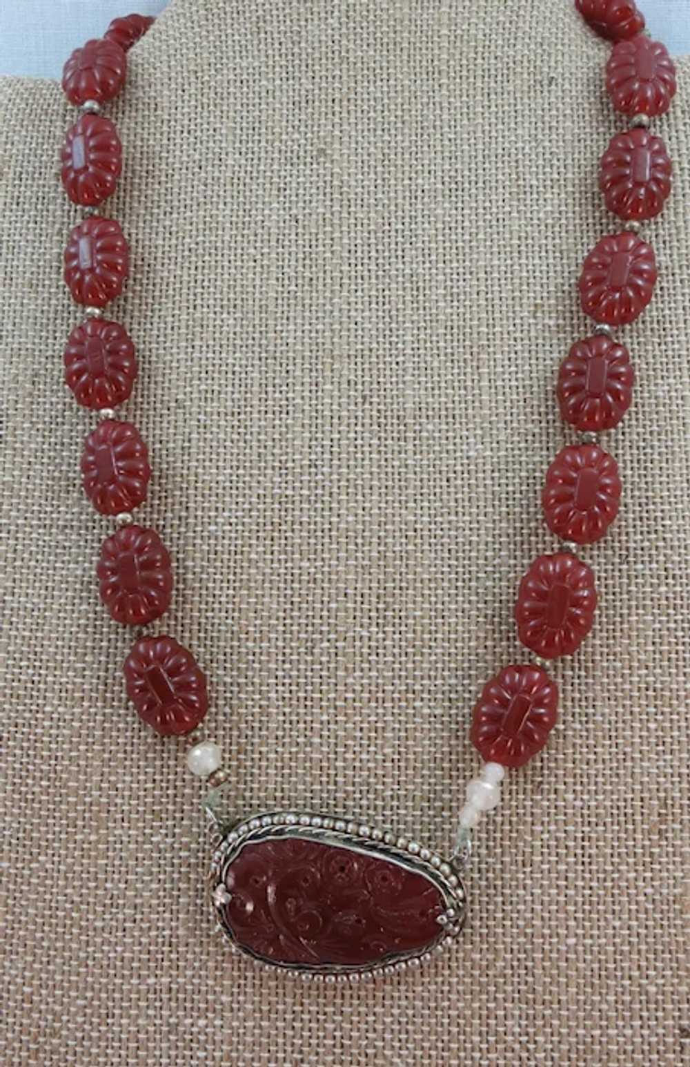 VINTAGE  Hand Carved Carnelian Necklace and Penda… - image 8