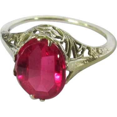 14K Filigree Ring, Vintage Synthetic Ruby - image 1