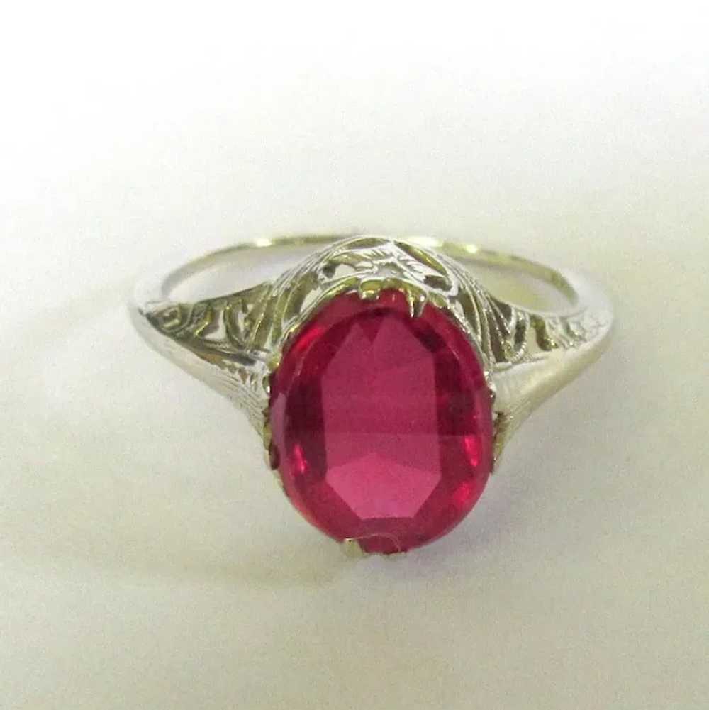 14K Filigree Ring, Vintage Synthetic Ruby - image 2