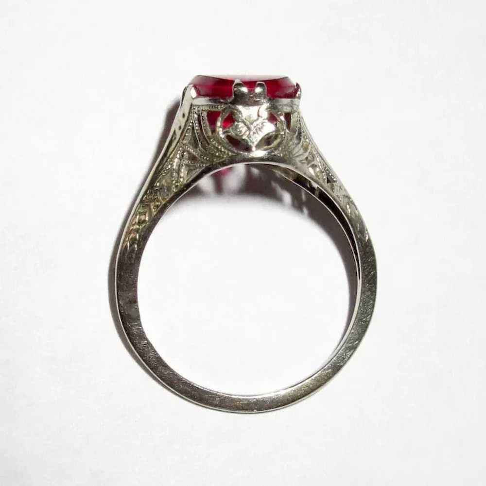 14K Filigree Ring, Vintage Synthetic Ruby - image 3