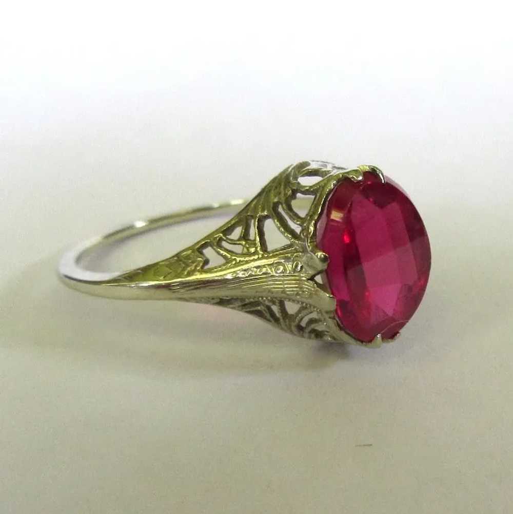 14K Filigree Ring, Vintage Synthetic Ruby - image 4