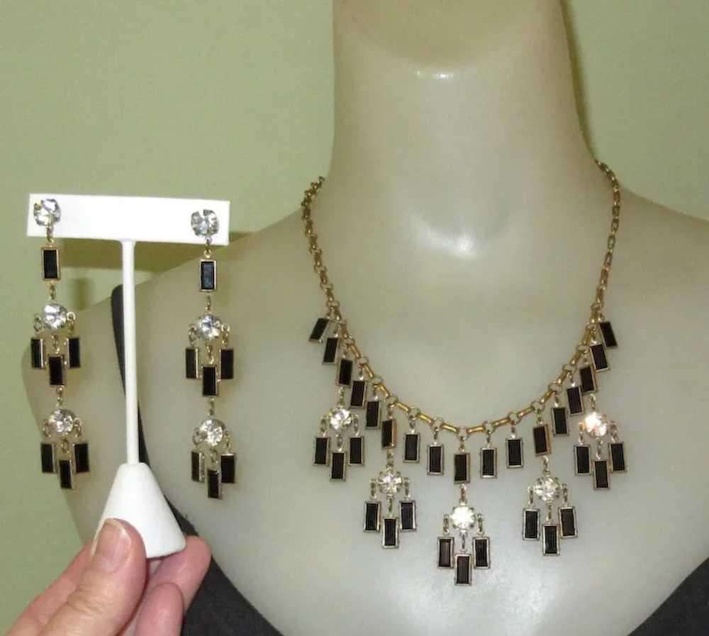 Vintage Rhinestone Necklace & Earrings, Art Deco … - image 3