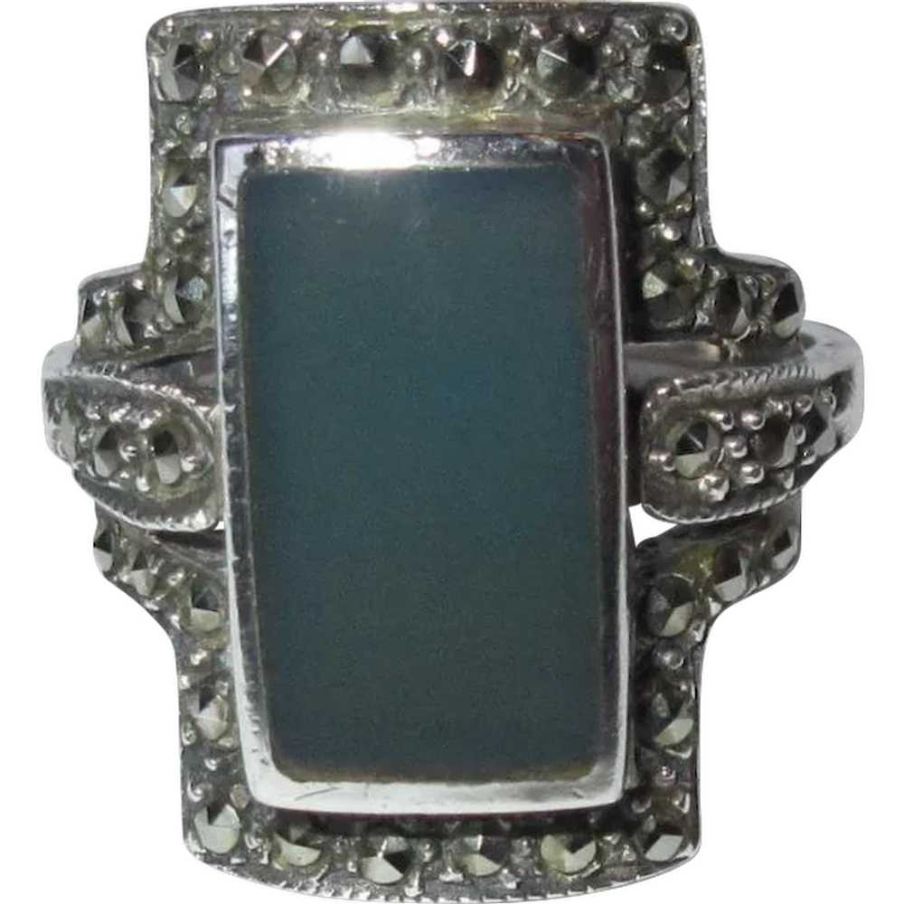 Deco Sterling Ring, Art Glass & Marcasite, Vintag… - image 1