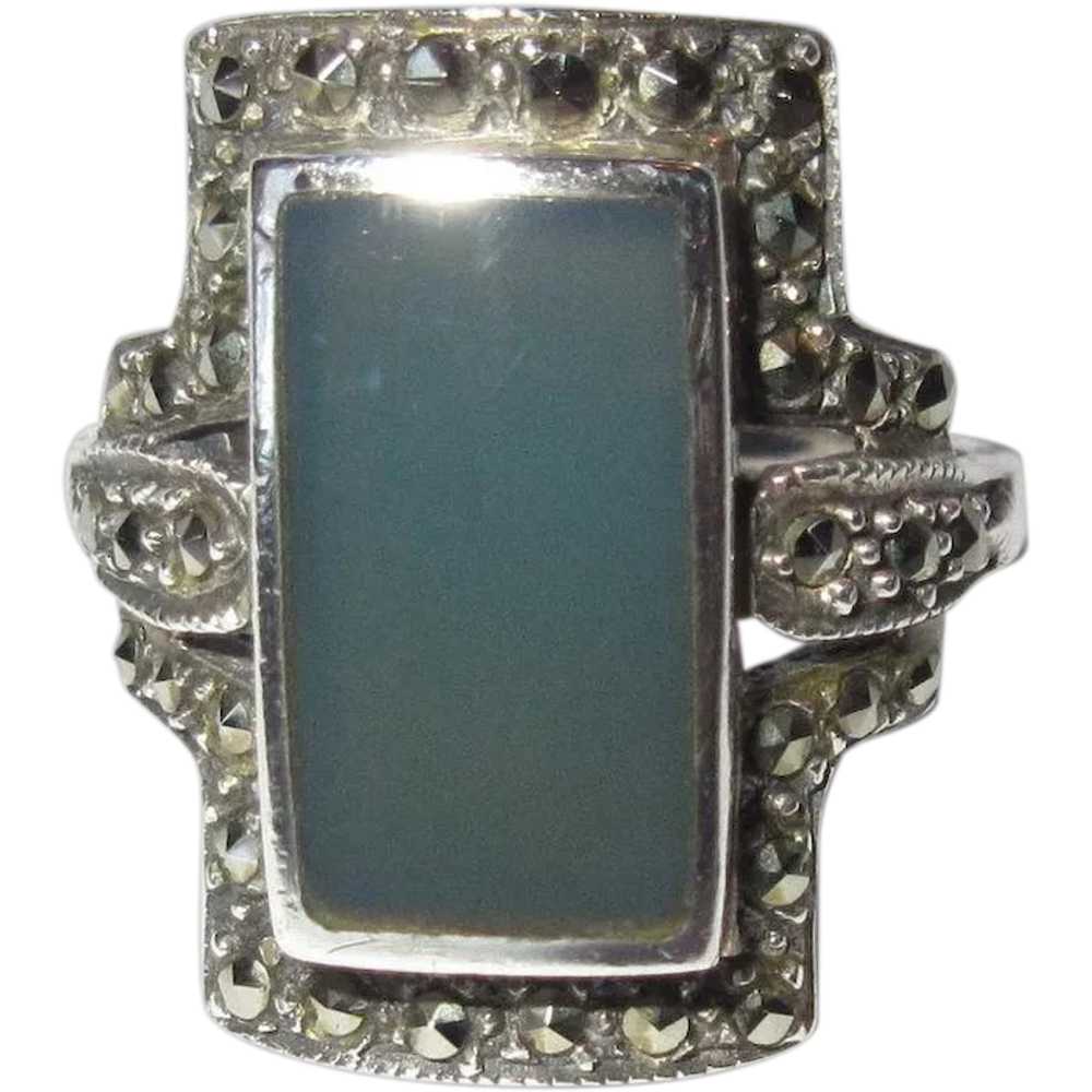 Deco Sterling Ring, Art Glass & Marcasite, Vintag… - image 2