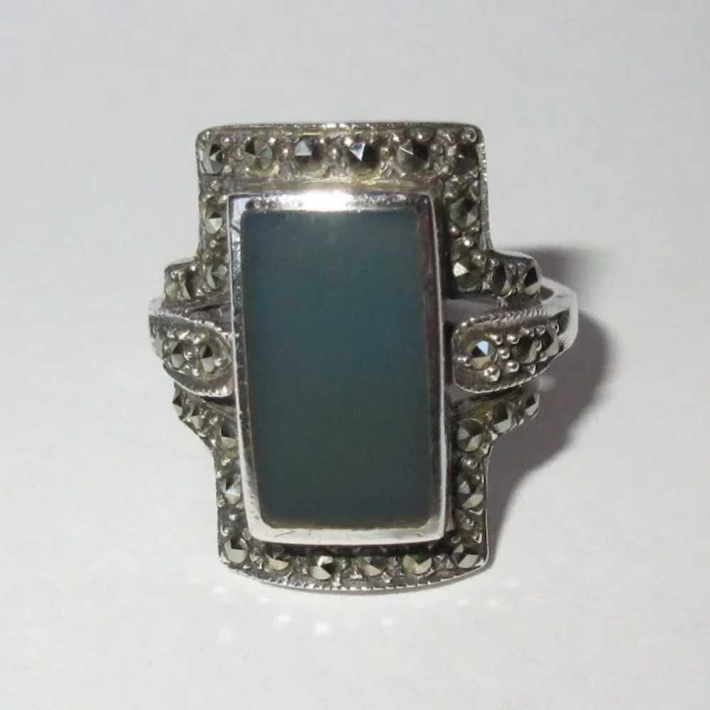Deco Sterling Ring, Art Glass & Marcasite, Vintag… - image 5