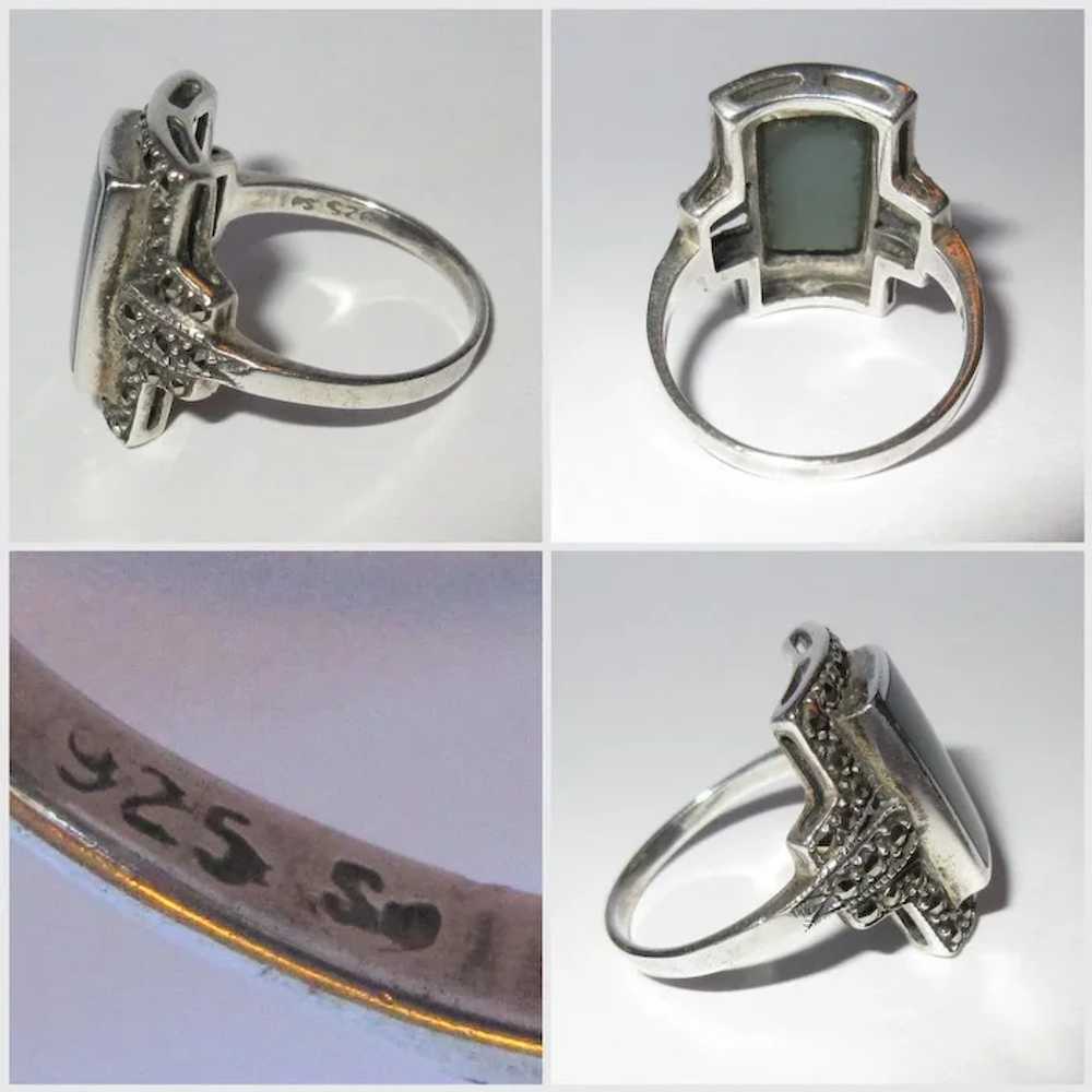 Deco Sterling Ring, Art Glass & Marcasite, Vintag… - image 6