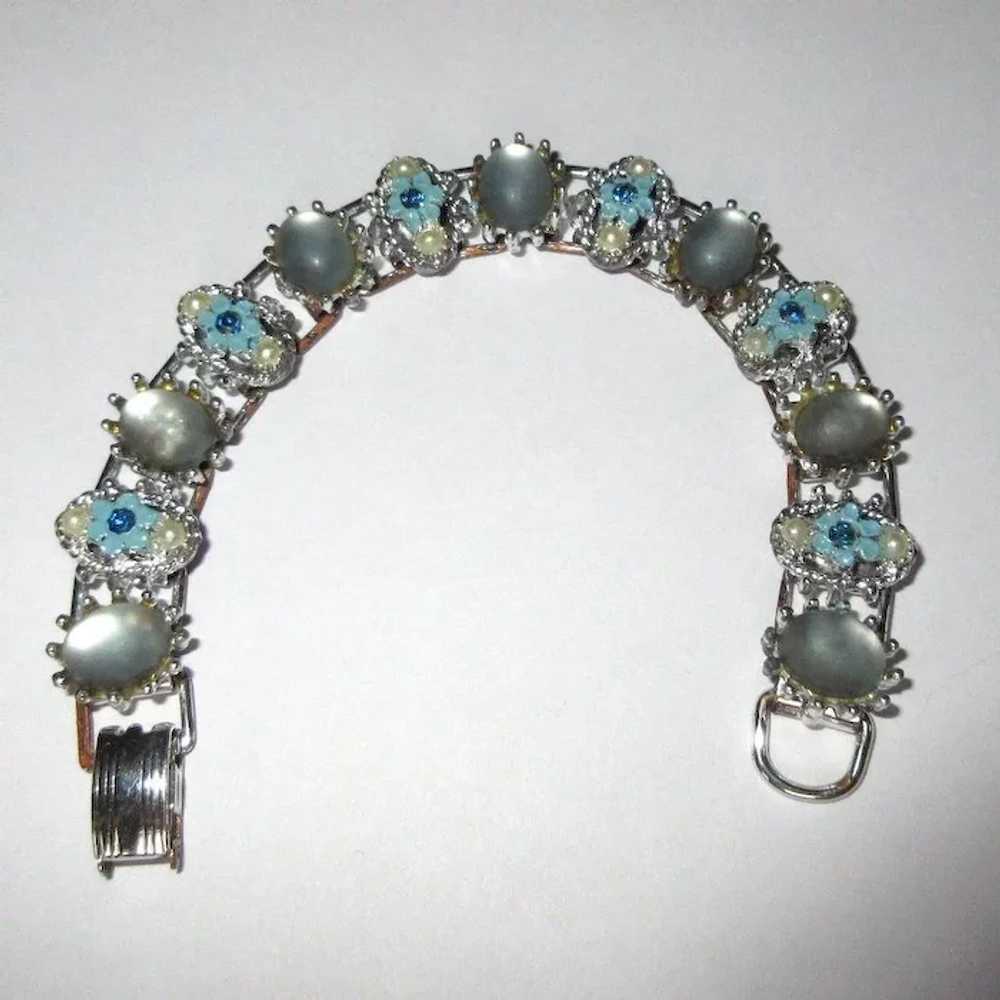 Vintage Bracelet, 50's Floral, Faux Moonstone, Rh… - image 2