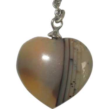 Agate Heart Necklace, Vintage 1960's with Chain, … - image 1