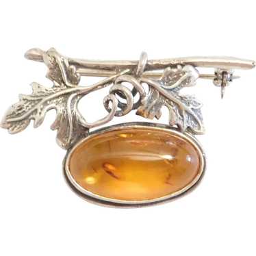 Sterling Silver Amber Leaf Pin / Brooch