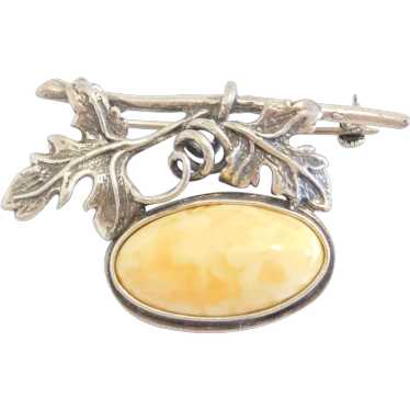 Sterling Silver Butterscotch Amber Leaf Pin / Bro… - image 1