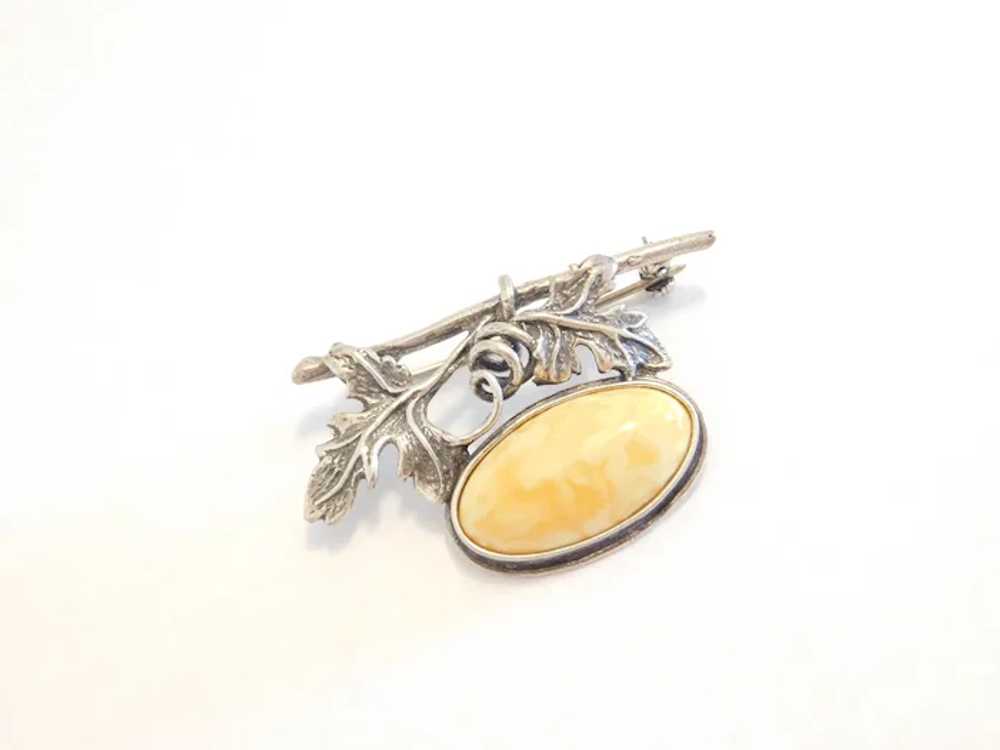 Sterling Silver Butterscotch Amber Leaf Pin / Bro… - image 2