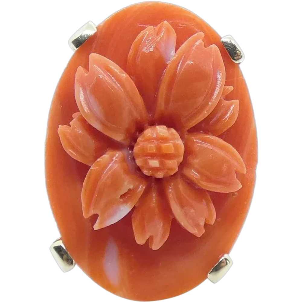 Floral Carved Coral Ring 14K Yellow Gold - image 1
