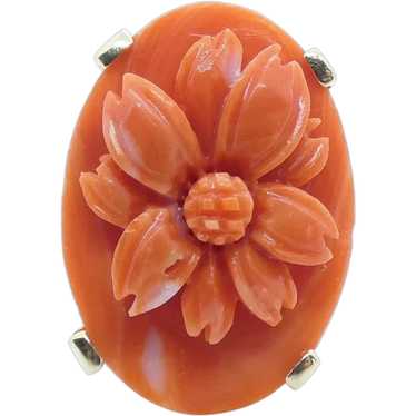 Floral Carved Coral Ring 14K Yellow Gold - image 1