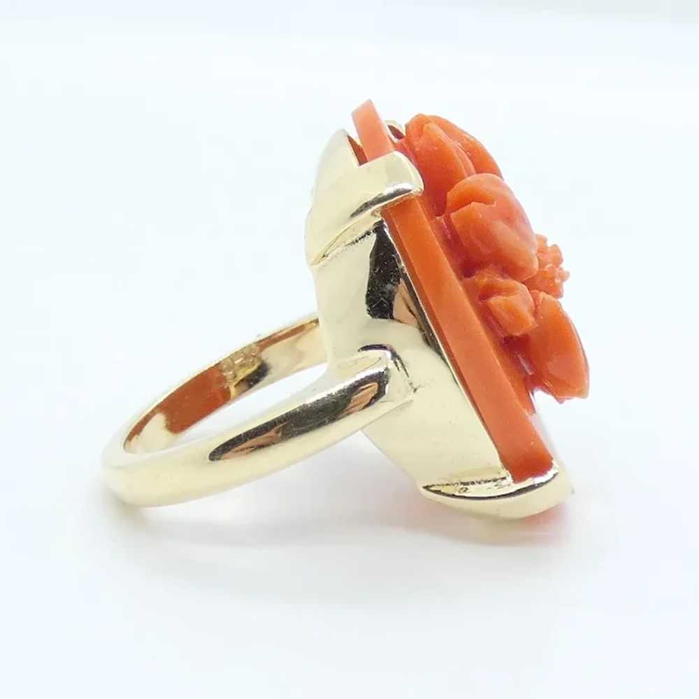 Floral Carved Coral Ring 14K Yellow Gold - image 2