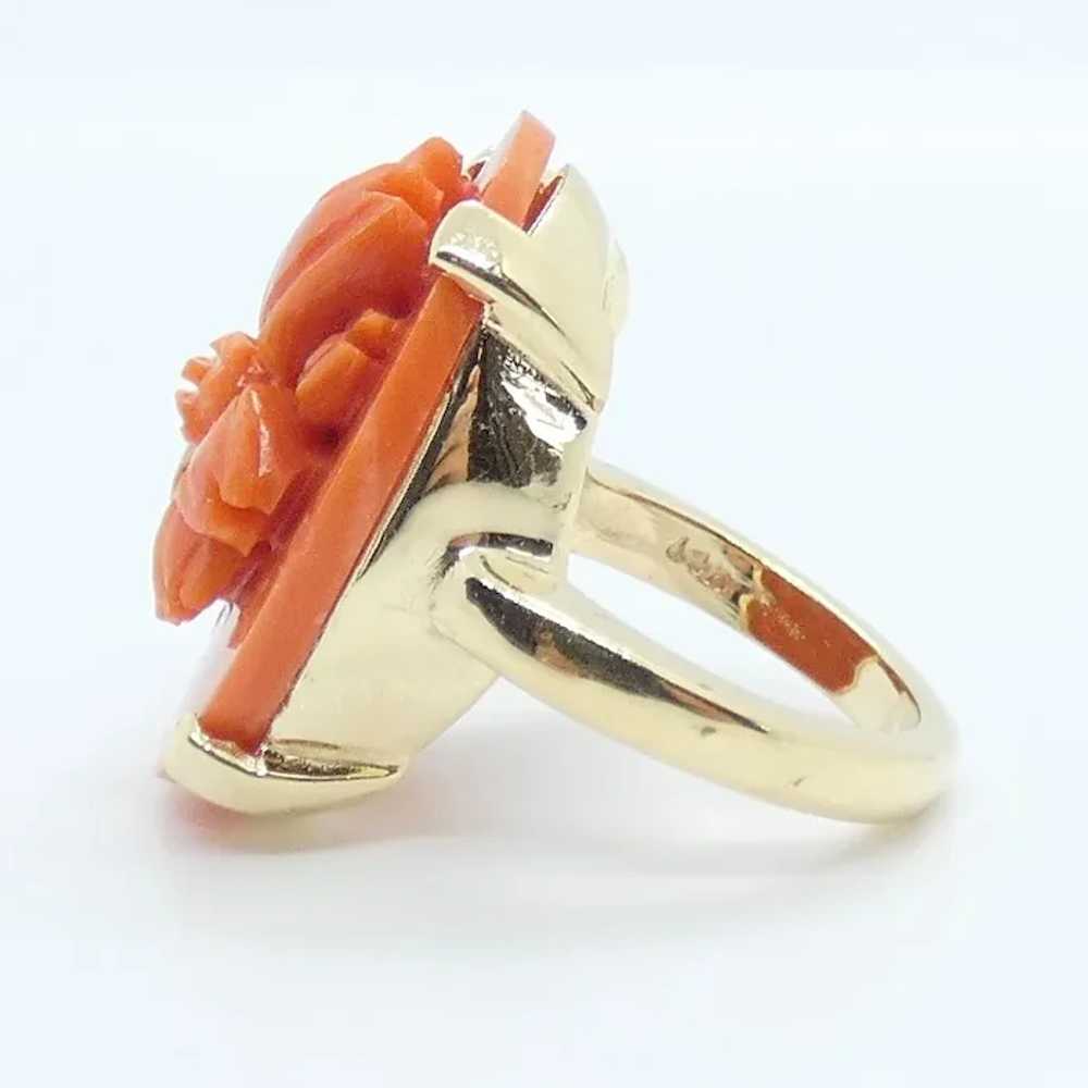 Floral Carved Coral Ring 14K Yellow Gold - image 3