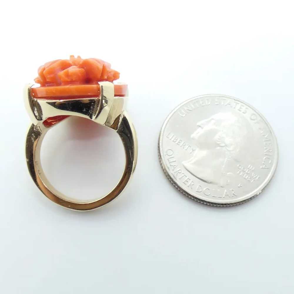 Floral Carved Coral Ring 14K Yellow Gold - image 5
