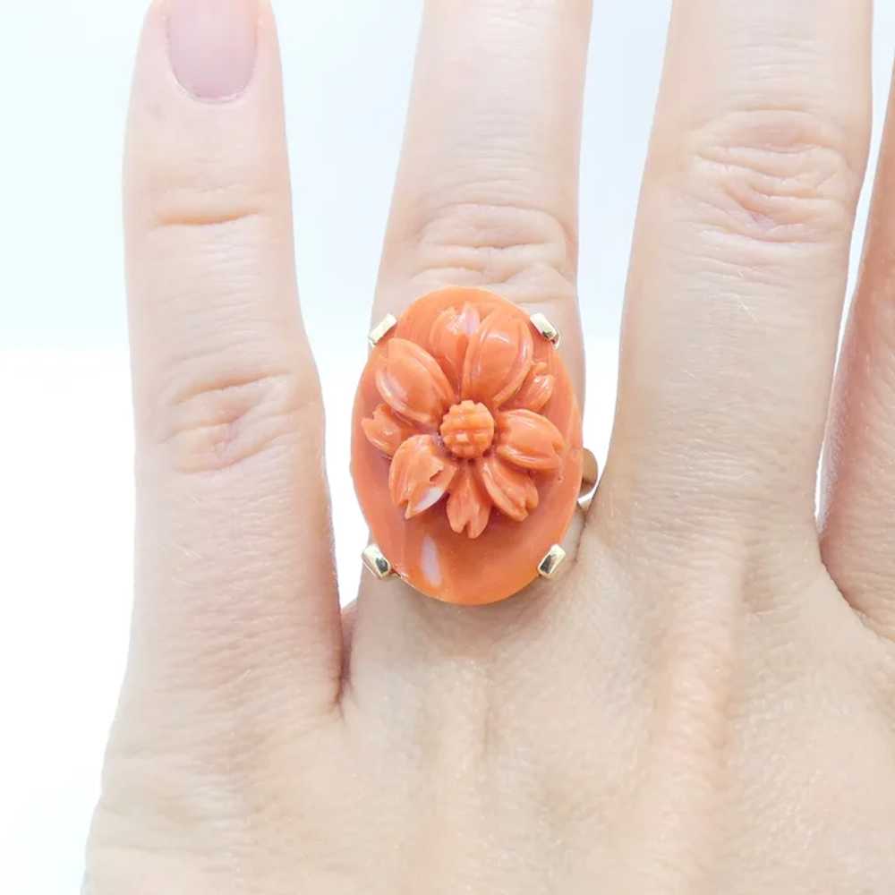 Floral Carved Coral Ring 14K Yellow Gold - image 6
