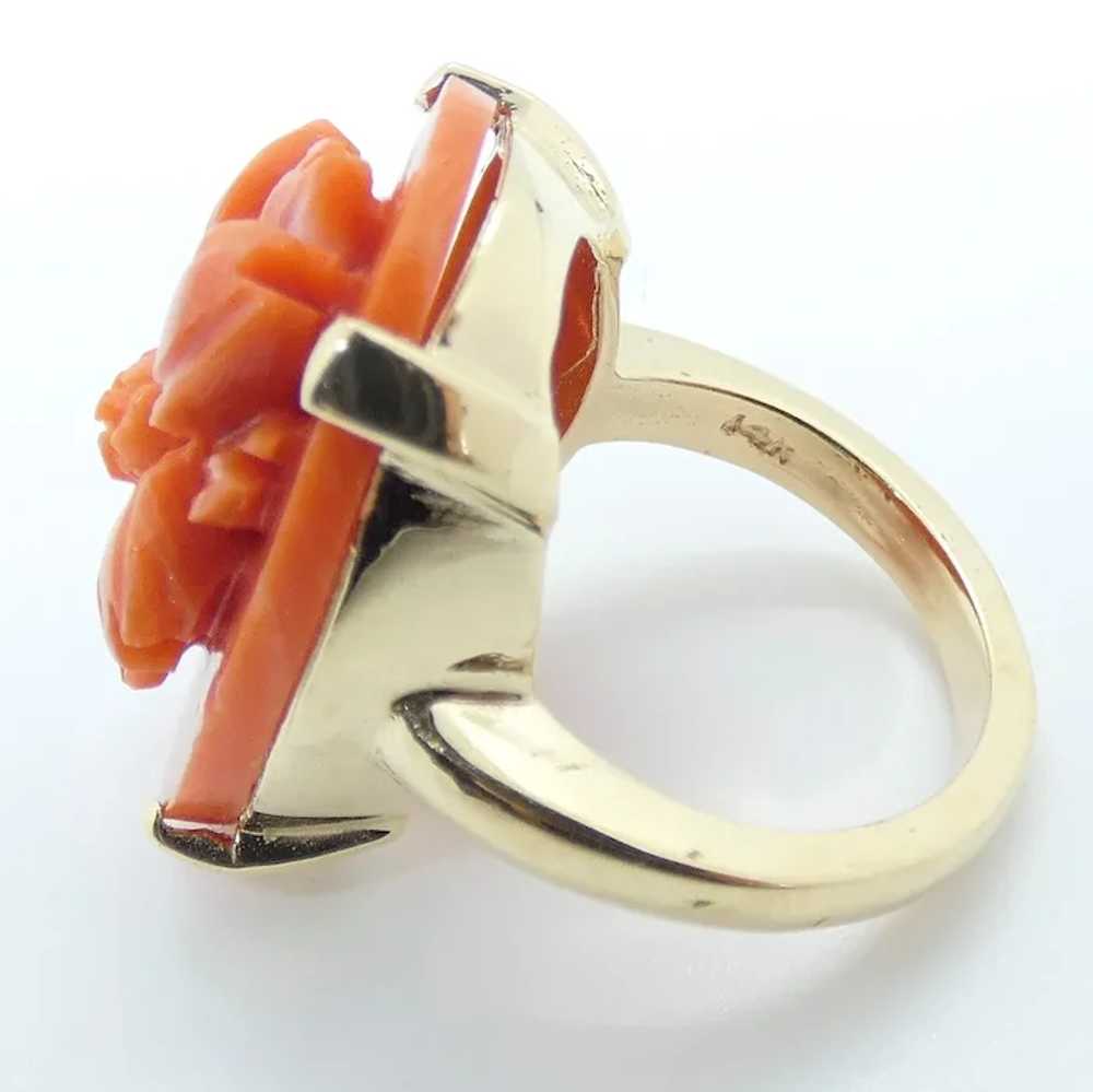 Floral Carved Coral Ring 14K Yellow Gold - image 7