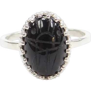 Bohemian Carved Onyx Scarab Ring Sterling Silver - image 1