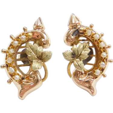 Victorian Seed Pearl Leaf Stud Earrings 14k Gold - image 1